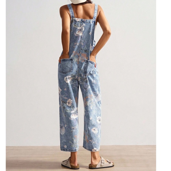 Western Floral Print Light Wash Pockets Wide Leg Denim Jean Bib Overalls - Picture 6 of 8